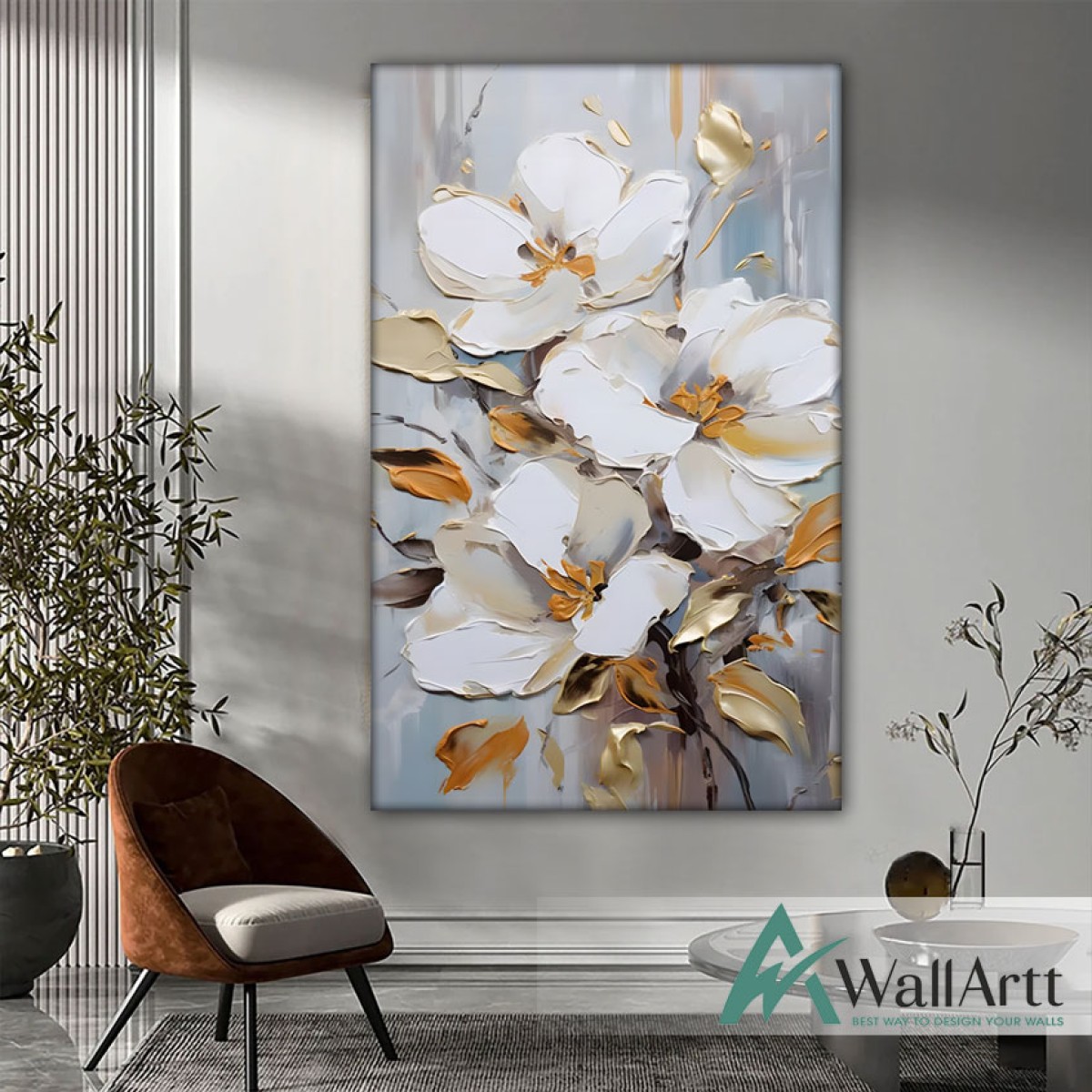 White Flowers Copper Leaves 3d Heavy Textured Partial Oil Painting